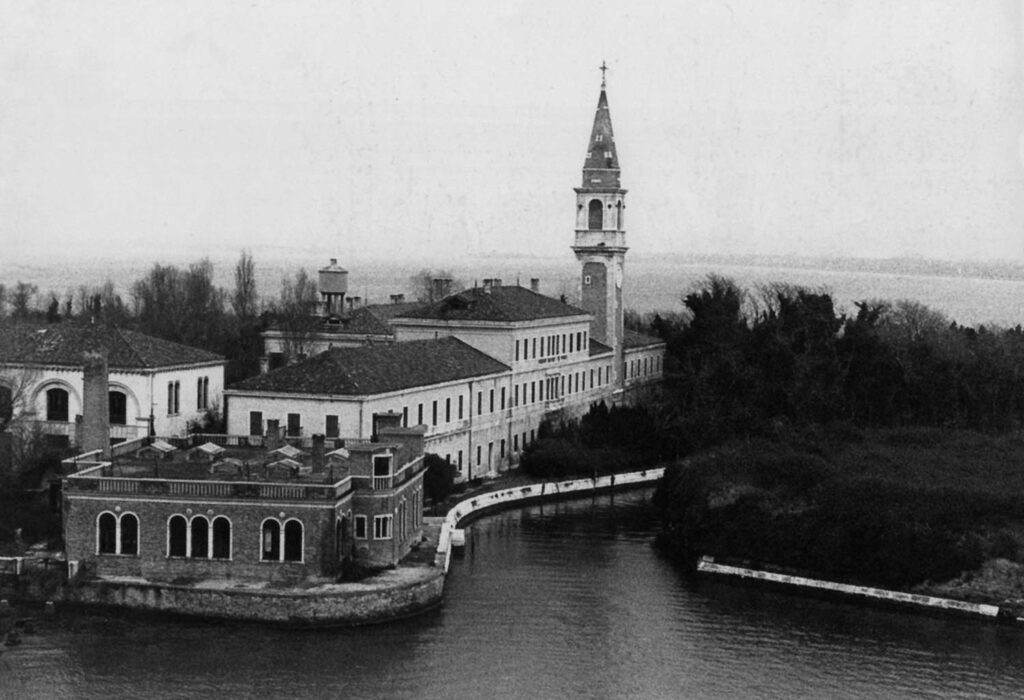 Black-and-white photo of Poveglia Island in Italy